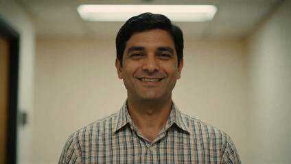 Obraz premium Smiling man in a plaid shirt standing in an office corridor