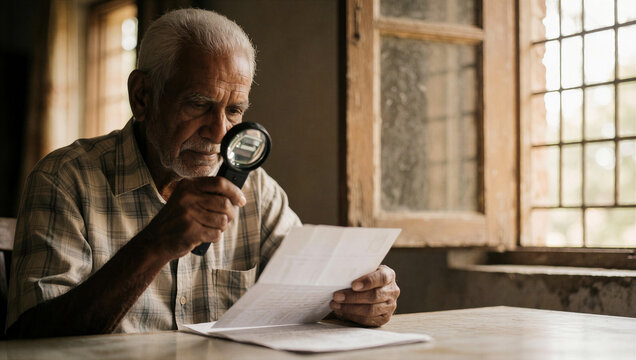 Senior man reading a document with a magnifying glass at home