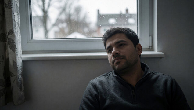 Man sitting by a window on a grey rainy day at home