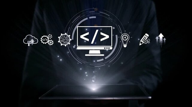 Modern web development concept featuring coding symbols, web development process, web development interface, and web development tools with futuristic design. Elide