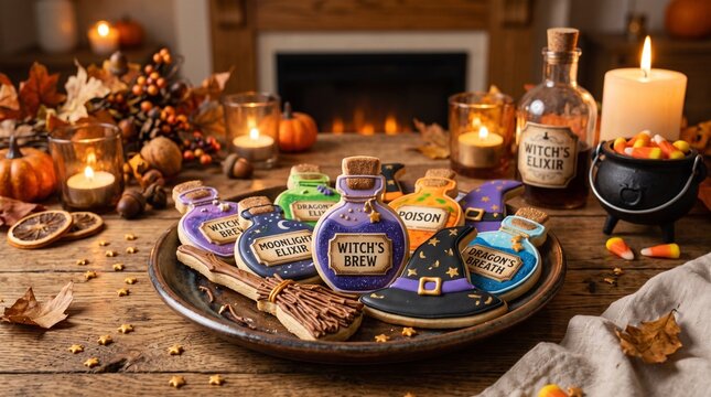 Festive Halloween sugar cookies shaped like magic potions and witch hats on a plate, surrounded by pumpkins, candles, and a cozy fireplace scene.