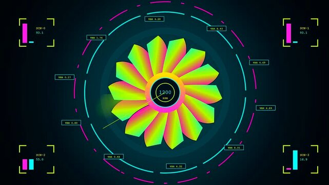 Vivid power telemetry data displays showing spinning turbine fan blades with neon colored concentric interface rings circulating information in a dark digital monitoring environment frame
