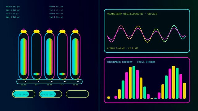 dynamic power telemetry interface displaying real time energy flux and fluctuating voltage levels across multiple circular indicator tubes within a sleek digital grid console display monitor