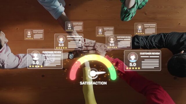 Visual representation of customer satisfaction metrics highlighting reviews and ratings on a wooden table, ideal for business analysis and client feedback discussions. Raster