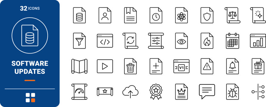 Software updates line icon set. Vector pictograms of release notes, version control, changelog documentation, and system patch elements, thin linear illustration.