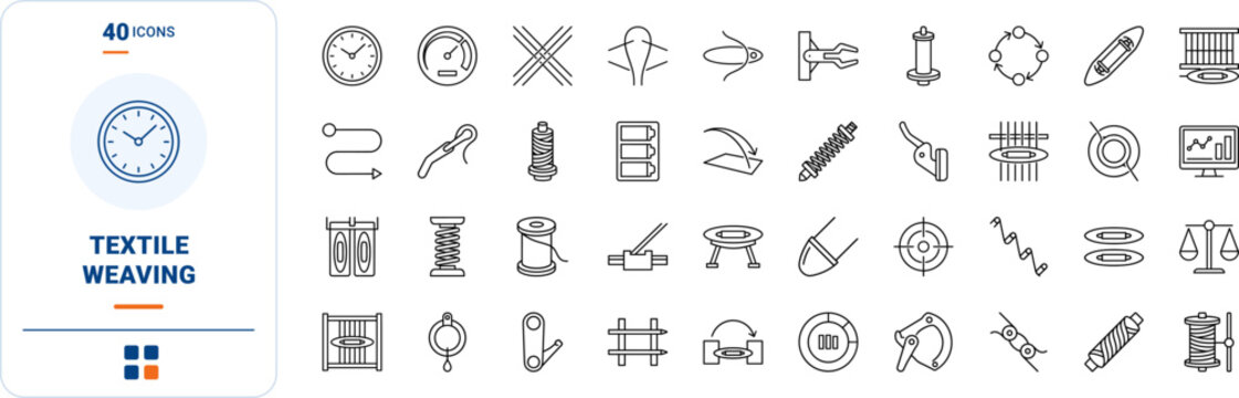 Shuttle Yarn Pass line icon set. Vector pictograms of weaving, loom, thread, and textile elements, thin linear illustration.