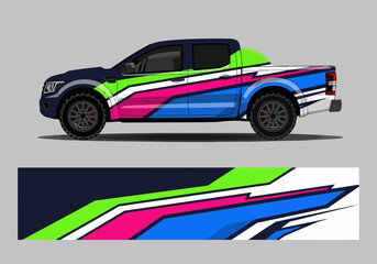 Fototapeta premium Colorful pickup truck with dynamic racing stripes and decal design