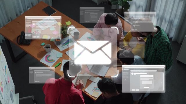 A dynamic office scene showcasing a diverse team engaged in collaborative discussions, surrounded by digital interfaces representing email communication and project planning. Raster