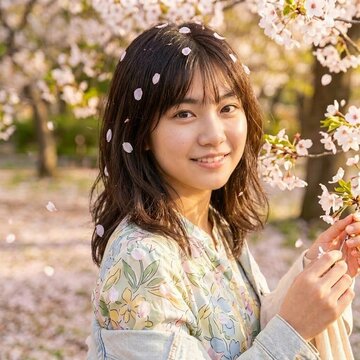 Beautiful asian woman smiling under blooming cherry blossom trees