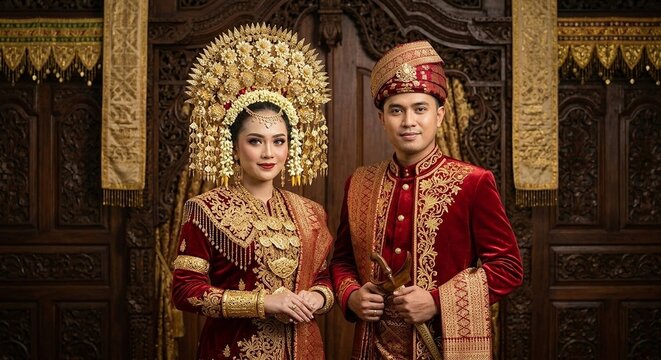 Beautiful Indonesian couple in traditional red and gold wedding attire