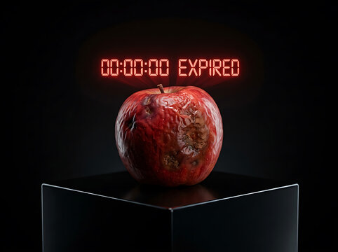 Decaying red apple with digital countdown timer showing expired time on black background