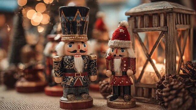 Traditional nutcrackers and wooden lantern in festive setting.