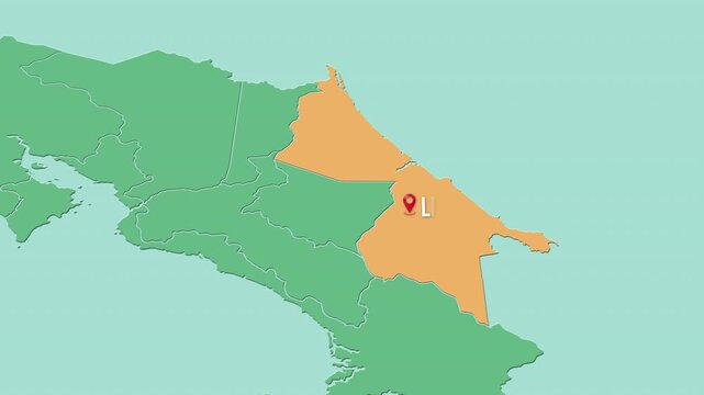 Mapa de Costa Rica con divisi&oacute;n pol&iacute;tica resaltando la provincia Lim&oacute;n