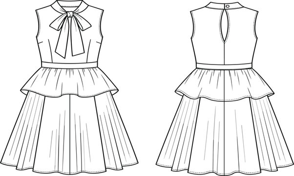 Women fashion dress flat sketch vector illustration featuring a bow tie neck sleeveless peplum waist and pleated skirt for apparel design and technical drawing