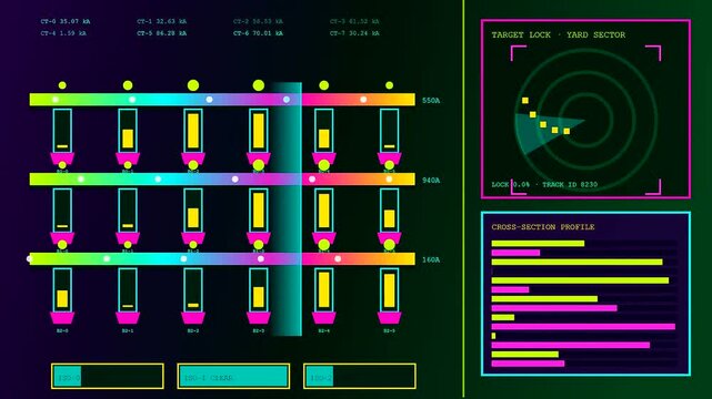 Digital displays showing power telemetry data with animated radar circles and glowing bar charts illustrating system monitoring flow for industrial operations in a dark software interface