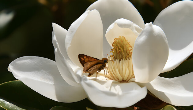 Southern Magnolia Blooms as Small Skipper Butterflies Feed