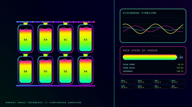 Digital battery status monitors showcase power telemetry within a dark glowing interface featuring animated charging cycles and fluctuating wave patterns for modern energy management systems analysis