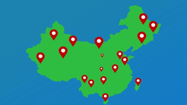 China Map Animation with Multiple Red Location Pins Spreading for Business and Logistics