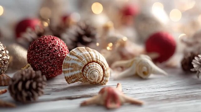 Christmas ornaments with seashells and pine cones