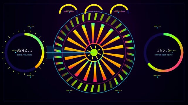 Three screens displaying complex power telemetry data with animated circular gauges and rotating neon radial patterns representing industrial energy monitoring systems in a digital control environment