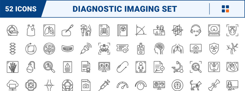 Radiology workstation line icon set. Vector pictograms of reading, room, pacs, and diagnostic elements, thin linear illustration.
