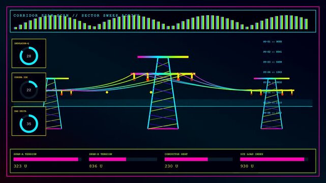 a futuristic power telemetry interface displays real time electricity grid diagnostics with animated charts and moving transmission tower schematics shown on a dark digital monitoring screen