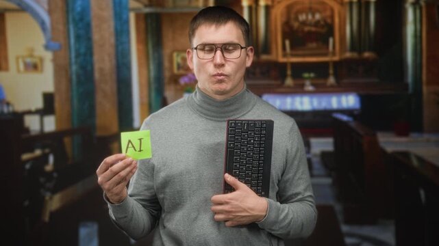 Man holding keyboard and a sticky note marked ai, holds note between fingers and cradles keyboard in a church; tech curiosity.