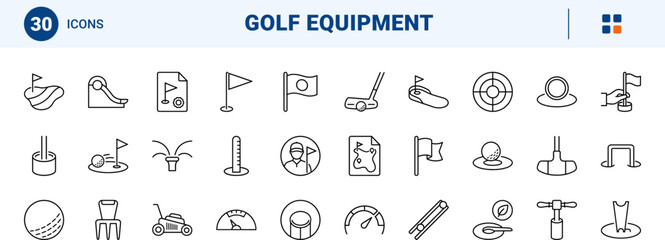 Naklejka premium Putting green flag line icon set. Vector pictograms of golf course, pin cup, putting green, and equipment elements, thin linear illustration.