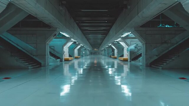 Futuristic empty corridor with symmetrical architecture and lighting.