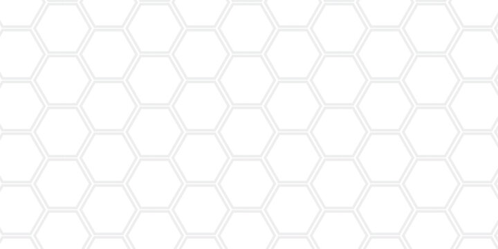 Vector abstract minimal bright white grid metal hexagon background. Embossed Hexagon, honeycomb white mosaic cell web light shadow texture wall decoration wallpaper design.	
