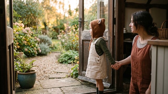 Child wears a finished ear hood beside a caregiver
