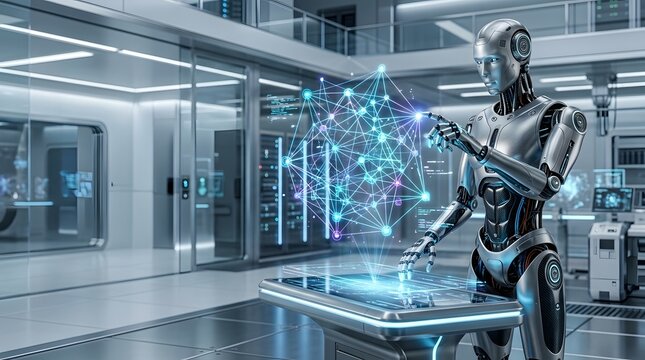 Humanoid robot interacts with a glowing network display in a futuristic laboratory setting android automation bionic