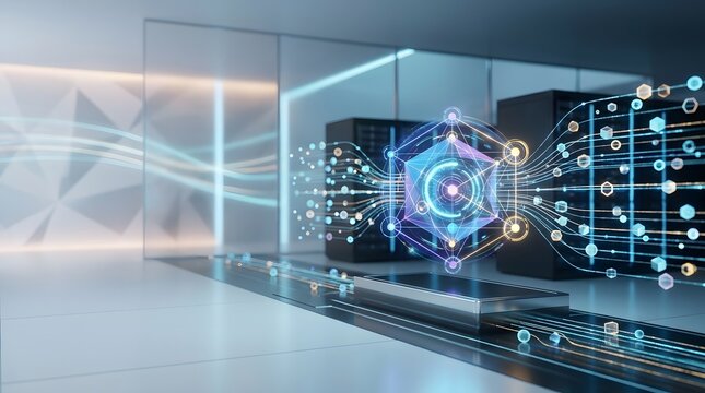 Abstract network connections and data flow visualization within a modern server room environment algorithm analytics architecture