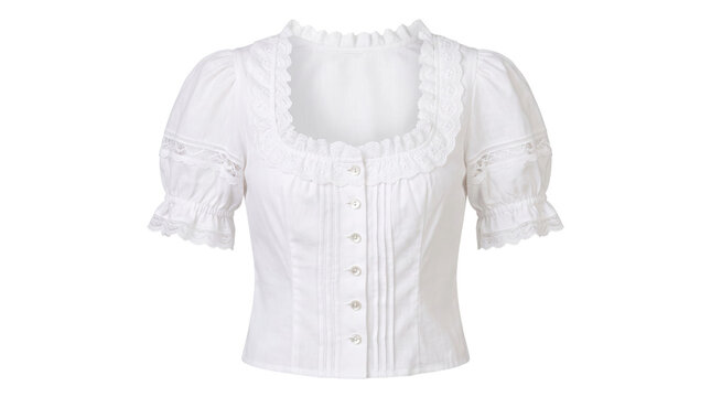 White lace dirndl blouse with puff sleeves and buttons for a traditional Bavarian Oktoberfest costume