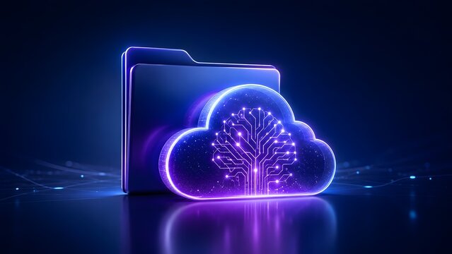 Futuristic glowing cloud computing symbol with circuit board tree and digital file folder in cyberspace