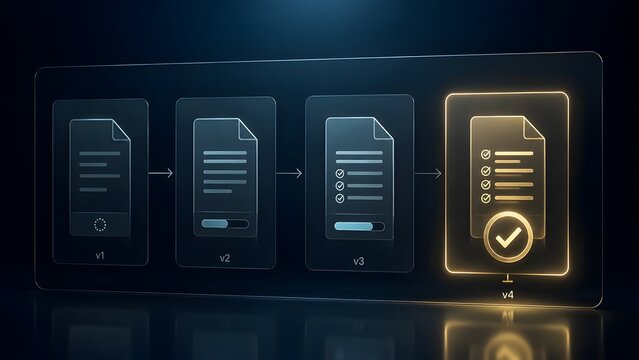 Digital document workflow and version control concept showing progression from draft to final approved holographic file