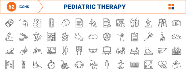 Fototapeta premium Pediatric physical therapy line icon set. Vector pictograms of child, rehab, motor, and skills elements, thin linear illustration.
