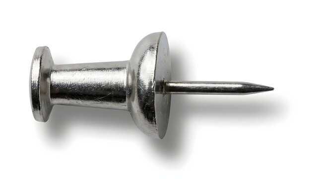 Shiny metallic office pushpin with sharp needle pointed head and sturdy steel construction. Suitable for office supplies and hardware concepts.