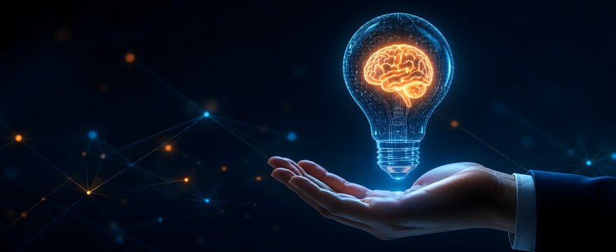 Hand holding a glowing lightbulb with an orange brain inside representing artificial intelligence and innovative technology ideas