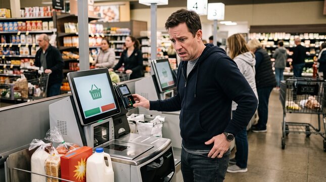 Man looking confused at self checkout machine in grocery store with other shoppers in line