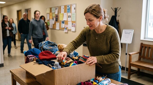 Woman organizing donation box with winter clothes and toys in a hallway with people walking by