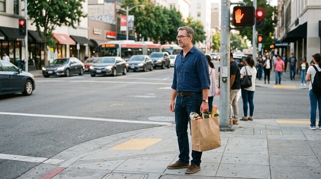 Man with grocery bag waits at city street crosswalk with traffic and pedestrians