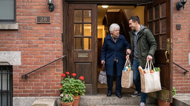 Young man helps elderly woman carry groceries up steps to her apartment building