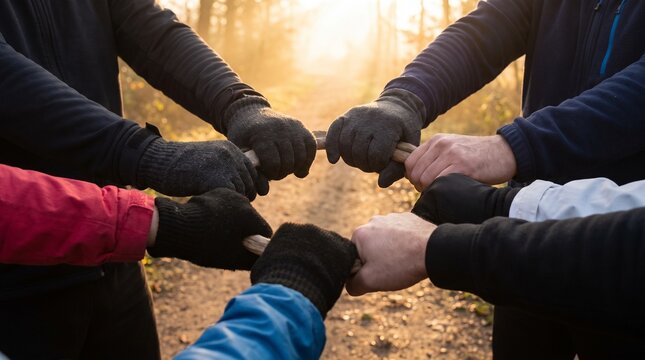 Group of people holding sticks together in a circle outdoors during sunset symbolizing unity and teamwork