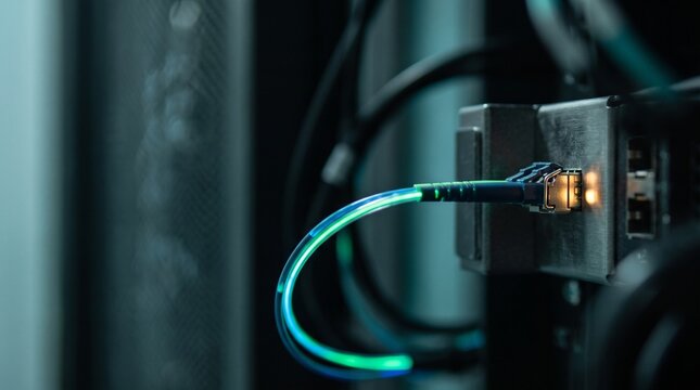 Glowing green fiber optic cable plugged into a network switch port in a dark server room