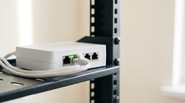 White network switch with a green link light and ethernet cable on a black rack shelf