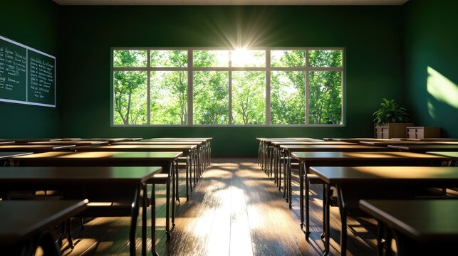 The image depicts an empty classroom illuminated by natural sunlight streaming through large windows at the front, revealing a lush green view outside