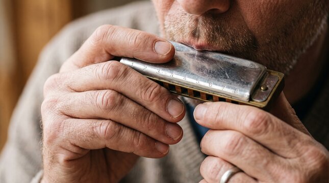 Close up of an elderly man playing a harmonica with his hands and mouth visible