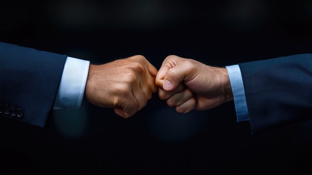 The image depicts two individuals engaging in a fist bump, symbolizing camaraderie or agreement