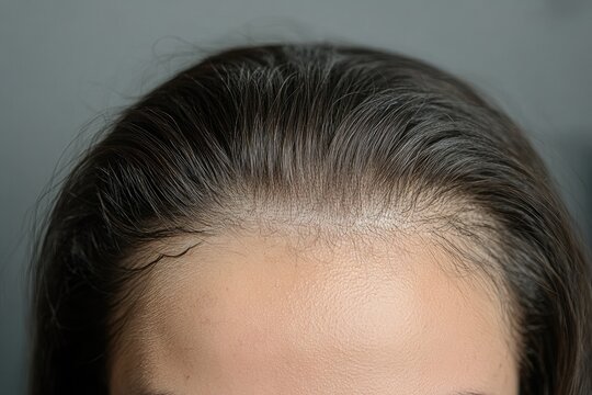 The image shows the top portion of a person's head, focusing on the hairline and forehead